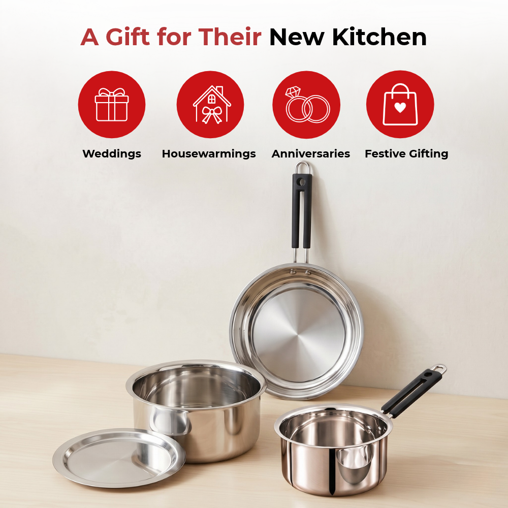 VINOD Stainless Steel Shubam 4-Piece Cookware Gift Set – Premium Sauce Pan 16.5 cm, Royal Fry Pan 20 cm & Flat Bottom Tope with Lid 20 cm | Cookware for Boiling, Frying, Sautéing, Cooking & Everyday Use
