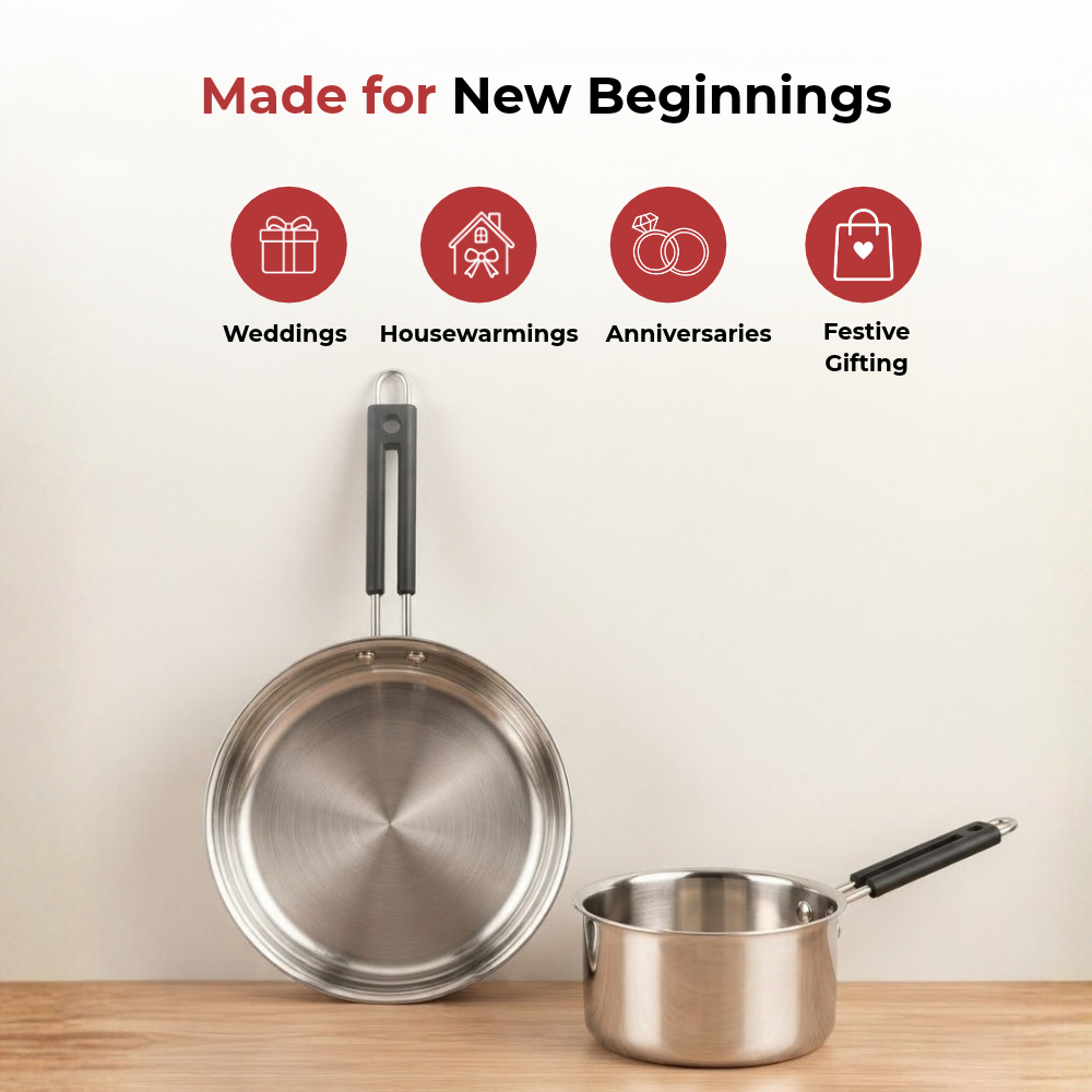 VINOD Stainless Steel Shubam 2-Piece Cookware Gift Set – Premium Sauce Pan 1300 ml (16.5 cm) & Royal Fry Pan 20 cm | Cookware for Boiling, Sautéing, Frying & Everyday Cooking