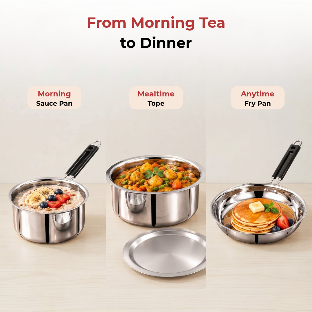 VINOD Stainless Steel Shubam 4-Piece Cookware Gift Set – Premium Sauce Pan 16.5 cm, Royal Fry Pan 20 cm & Flat Bottom Tope with Lid 20 cm | Cookware for Boiling, Frying, Sautéing, Cooking & Everyday Use