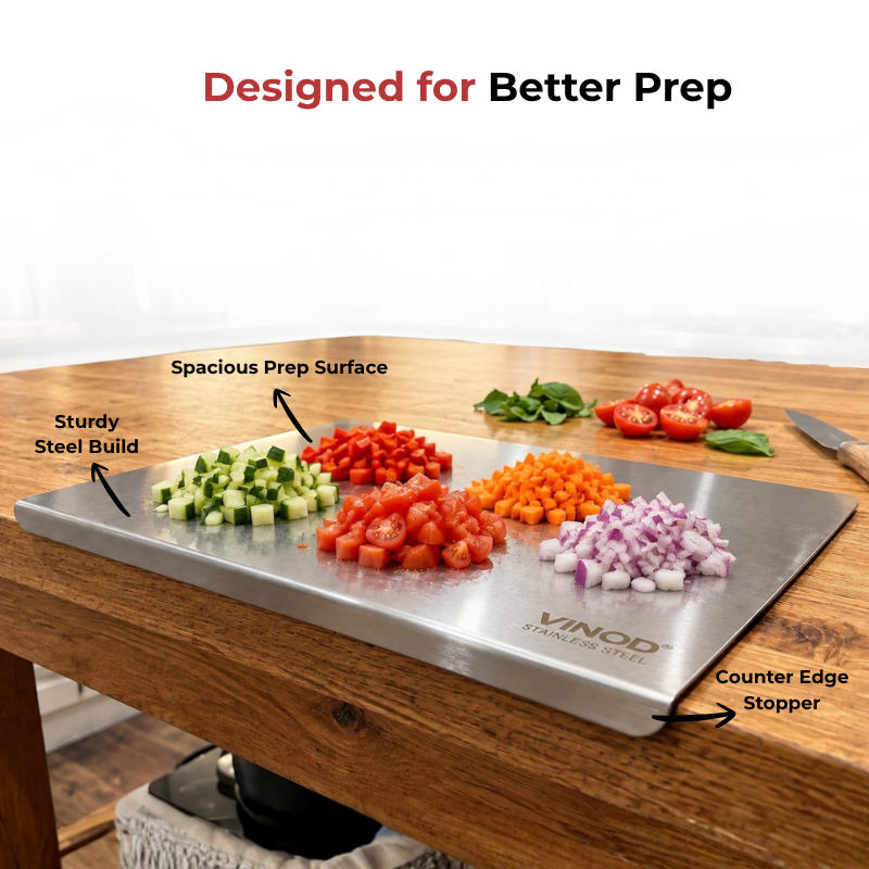 VINOD Stainless Steel Table Top Chopping Board with Counter Edge Stopper – Medium Steel Cutting Board for Chopping, Slicing, Mincing & Kneading. Steel Chopping Board for chopping vegetables, fruits & more.