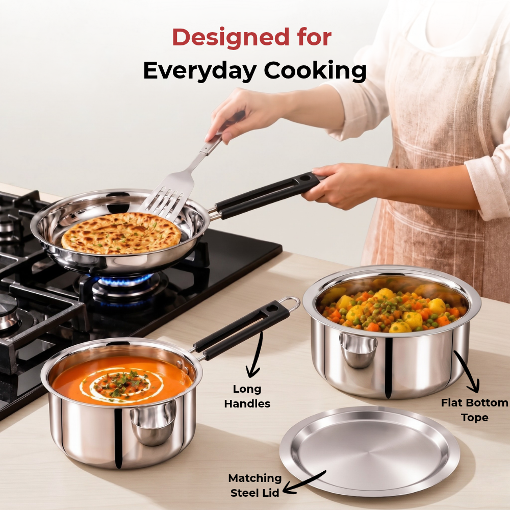 VINOD Stainless Steel Shubam 4-Piece Cookware Gift Set – Premium Sauce Pan 16.5 cm, Royal Fry Pan 20 cm & Flat Bottom Tope with Lid 20 cm | Cookware for Boiling, Frying, Sautéing, Cooking & Everyday Use