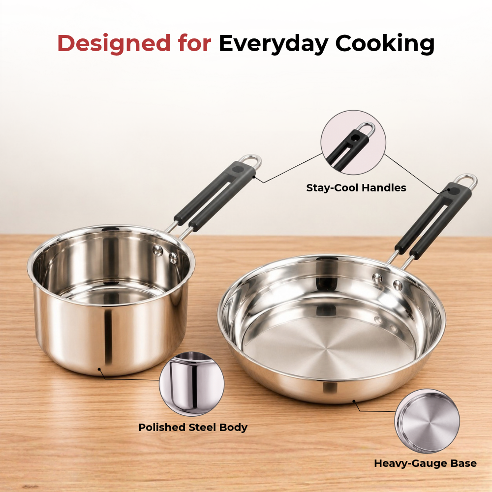 VINOD Stainless Steel Shubam 2-Piece Cookware Gift Set – Premium Sauce Pan 1300 ml (16.5 cm) & Royal Fry Pan 20 cm | Cookware for Boiling, Sautéing, Frying & Everyday Cooking