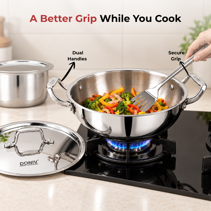 VINOD DONIV Titanium Triply Stainless Steel Deep Kadai with Lid 22 cm, 2.4 L – For Frying, Curries & Gravies