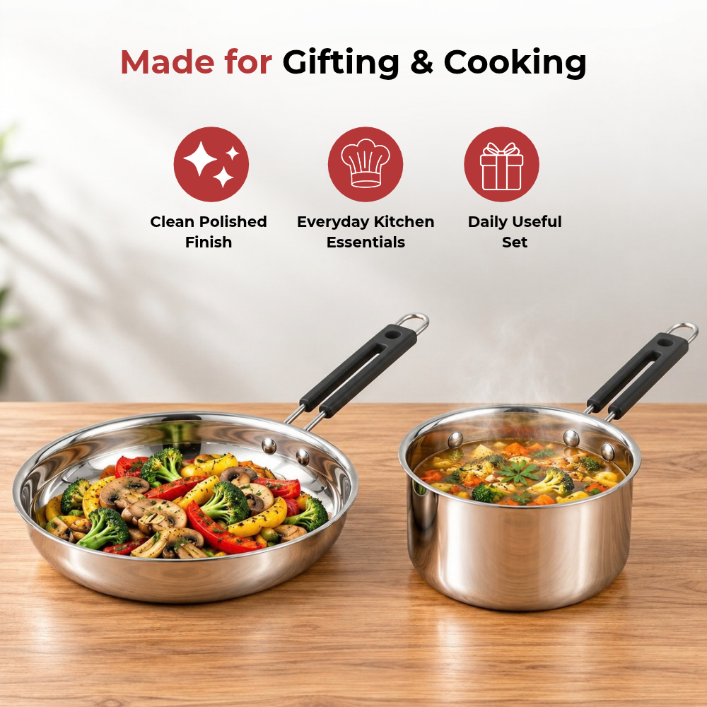 VINOD Stainless Steel Shubam 2-Piece Cookware Gift Set – Premium Sauce Pan 1300 ml (16.5 cm) & Royal Fry Pan 20 cm | Cookware for Boiling, Sautéing, Frying & Everyday Cooking