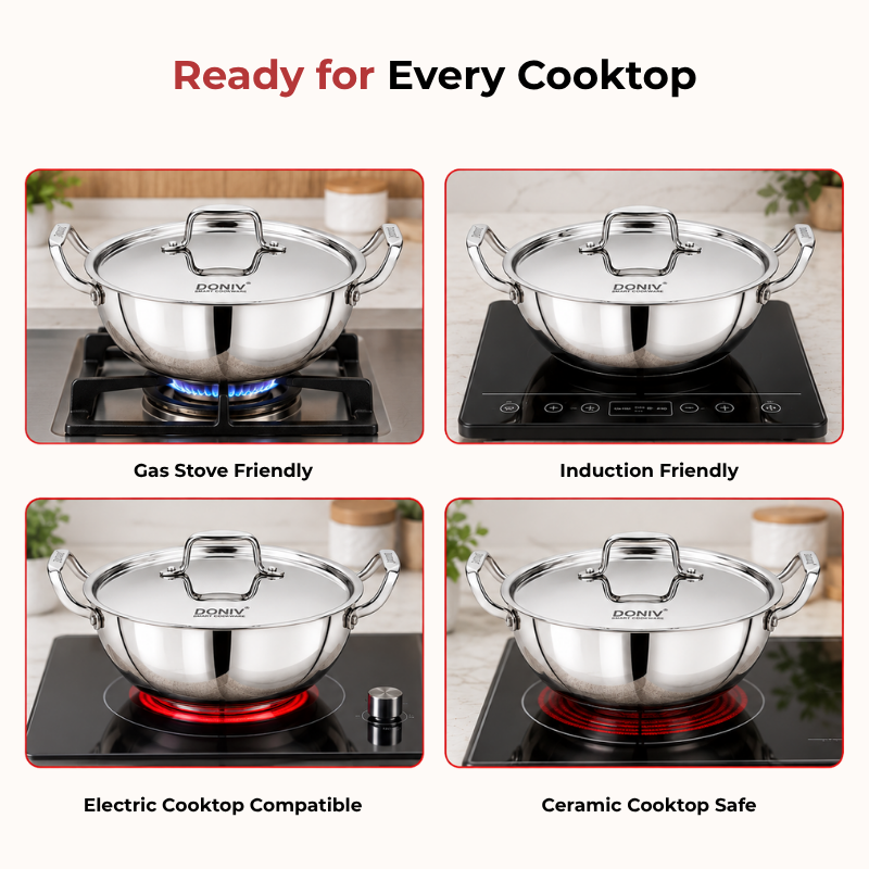 VINOD DONIV Titanium Triply Stainless Steel Deep Kadai with Lid 22 cm, 2.4 L – For Frying, Curries & Gravies