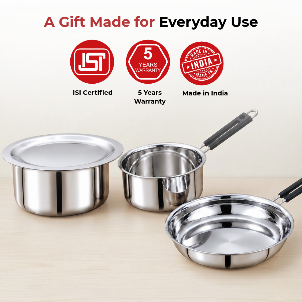 VINOD Stainless Steel Shubam 4-Piece Cookware Gift Set – Premium Sauce Pan 16.5 cm, Royal Fry Pan 20 cm & Flat Bottom Tope with Lid 20 cm | Cookware for Boiling, Frying, Sautéing, Cooking & Everyday Use