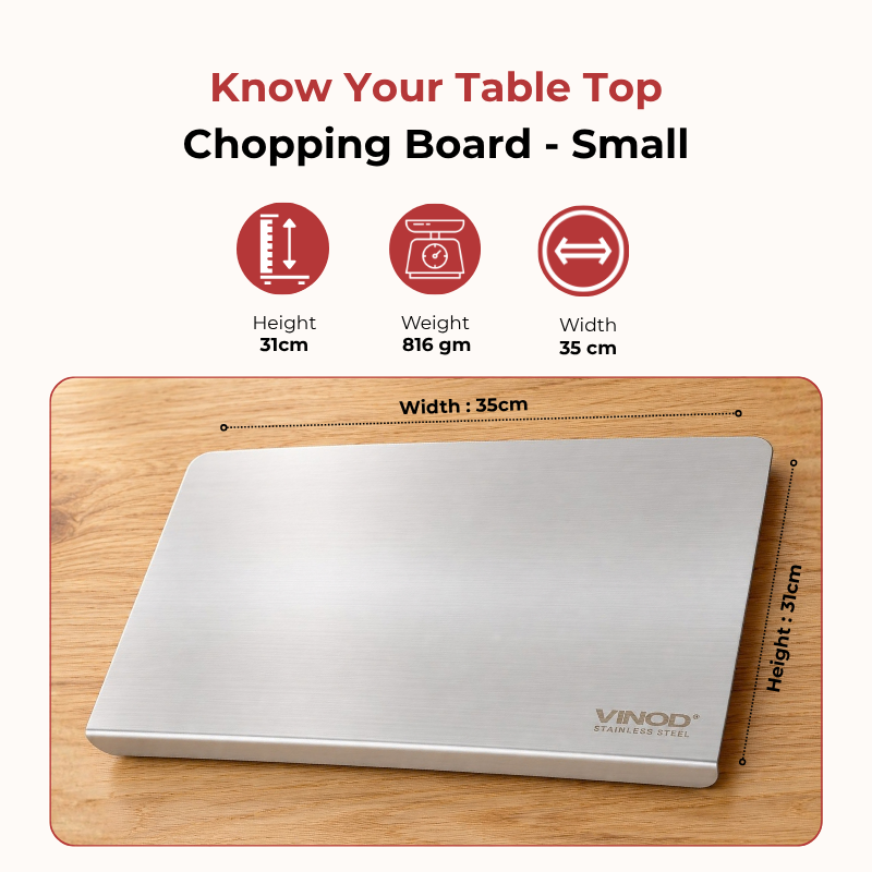 VINOD Stainless Steel Table Top Chopping Board with Counter Edge Stopper – Small Steel Cutting Board for Chopping, Slicing, Mincing & Kneading. Steel Chopping Board for chopping vegetables, fruits & more.