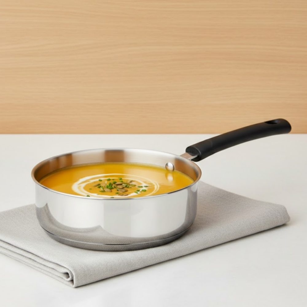 Vinod Doniv sandwich bottom Solitaire stainless steel fry pan, 20 cm, 2 litre, front view