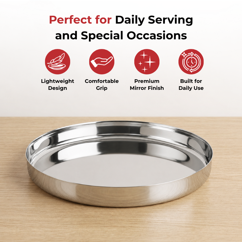 VINOD Stainless Steel Khumcha Thali Set of 2 - 28 cm, Lunch & Dinner Plate, High Grade Stainless Steel, Mirror Finish, Rust Free