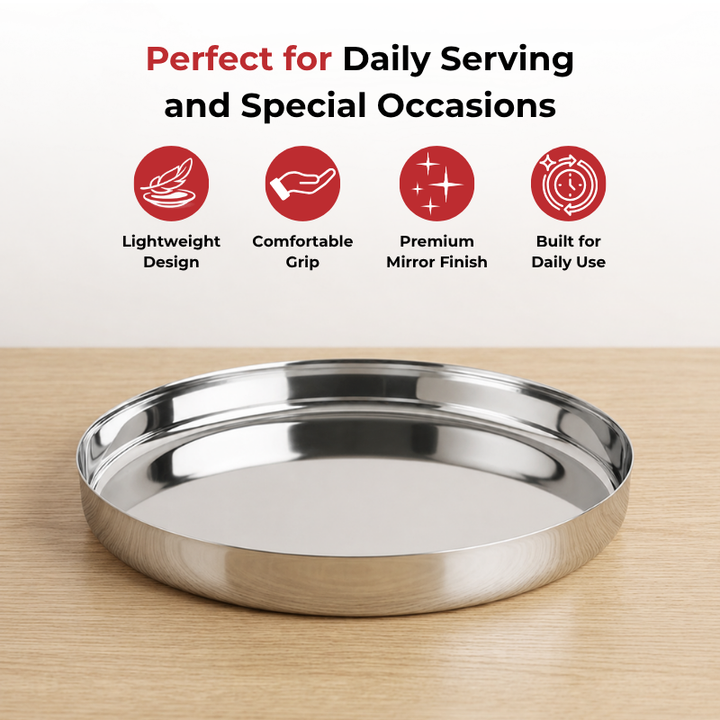 VINOD Stainless Steel Khumcha Thali Set of 2 - 28 cm, Lunch & Dinner Plate, High Grade Stainless Steel, Mirror Finish, Rust Free
