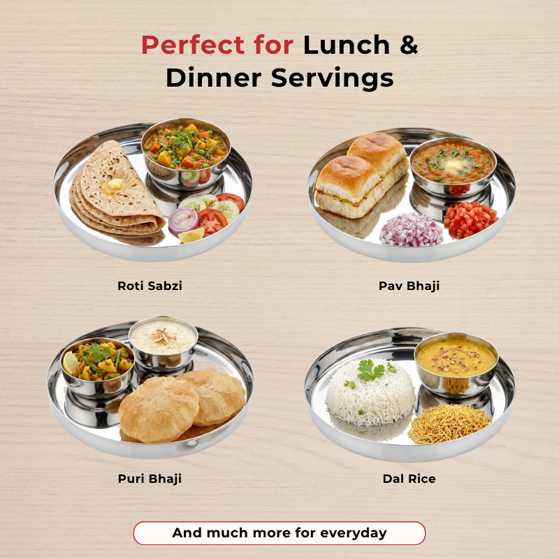 VINOD Stainless Steel Khumcha Thali Set of 2 - 28 cm, Lunch & Dinner Plate, High Grade Stainless Steel, Mirror Finish, Rust Free