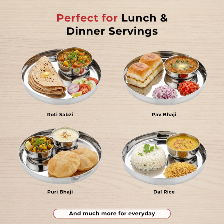 VINOD Stainless Steel Khumcha Thali Set of 2 - 28 cm, Lunch & Dinner Plate, High Grade Stainless Steel, Mirror Finish, Rust Free