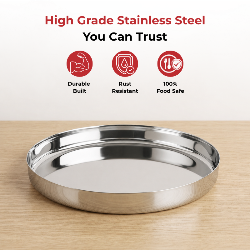 VINOD Stainless Steel Khumcha Thali Set of 2 - 28 cm, Lunch & Dinner Plate, High Grade Stainless Steel, Mirror Finish, Rust Free