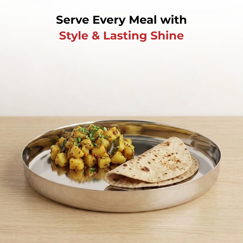 VINOD Stainless Steel Khumcha Thali Set of 2 - 28 cm, Lunch & Dinner Plate, High Grade Stainless Steel, Mirror Finish, Rust Free