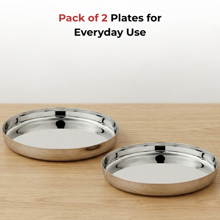 VINOD Stainless Steel Khumcha Thali Set of 2 - 28 cm, Lunch & Dinner Plate, High Grade Stainless Steel, Mirror Finish, Rust Free