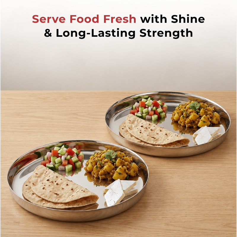 VINOD Stainless Steel Khumcha Thali Set of 2 - 28 cm, Lunch & Dinner Plate, High Grade Stainless Steel, Mirror Finish, Rust Free