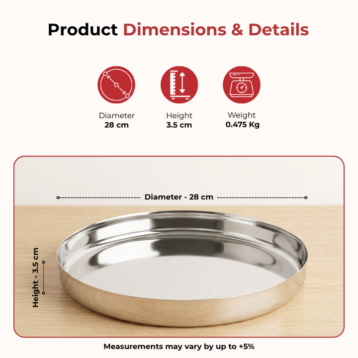 VINOD Stainless Steel Khumcha Thali Set of 2 - 28 cm, Lunch & Dinner Plate, High Grade Stainless Steel, Mirror Finish, Rust Free
