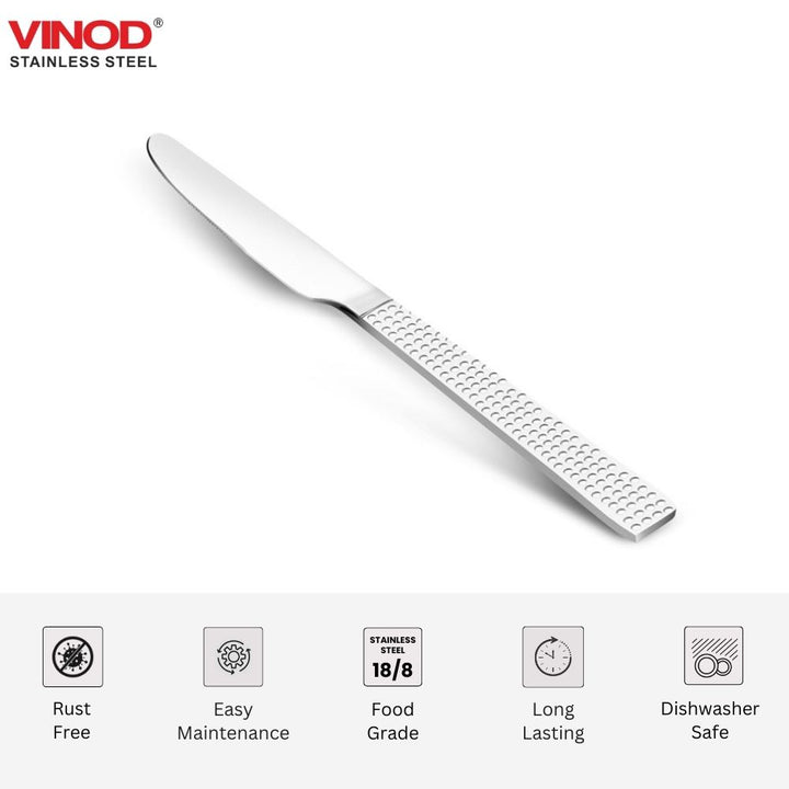 Vinod Stainless Steel 6 Pcs Hammered Finish Dessert Knife, Cutlery Set, Rust Free, Butter Jam Knife, Mirror Polish Premium Butter Spreader, Tableware, Silver