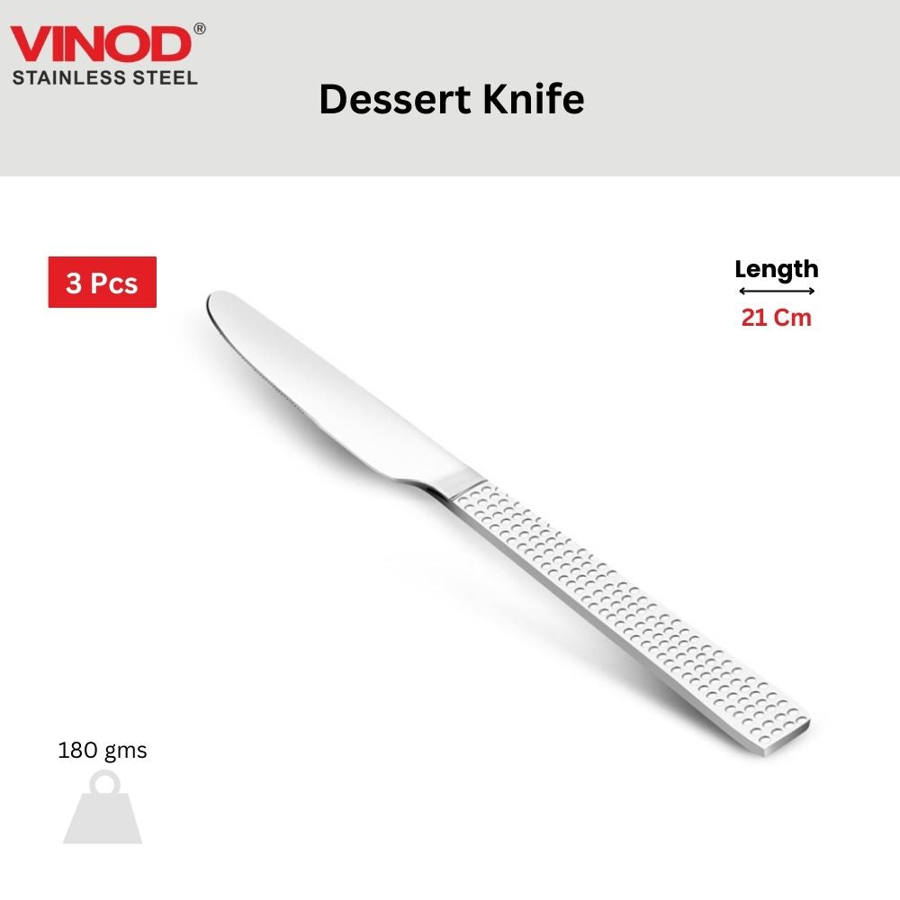 Vinod Aero hammered stainless steel dessert knife set of 6, mirror finish, close-up detail