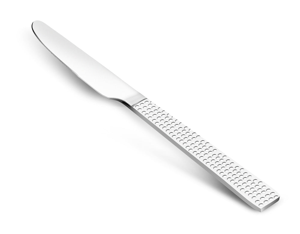 Vinod Aero hammered stainless steel dessert knife set of 6, mirror finish, in-use view