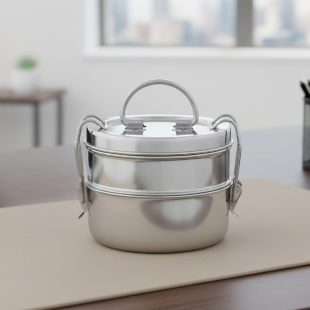 VINOD Stainless Steel Lunch Tiffin, 8 Inch - 2 Compartment Design, Rust Free, Mirror Finish, Durable Build, Easy Carry for Office