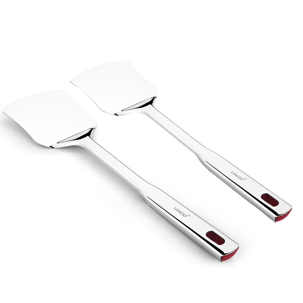 विनोद स्टेनलेस क्वींस स्टील रोटी टर्नर हैवी गेज फ्लैट प्लेन कुकिंग स्पून स्टील स्पैटुला I 2 का सेट I नंबर 1