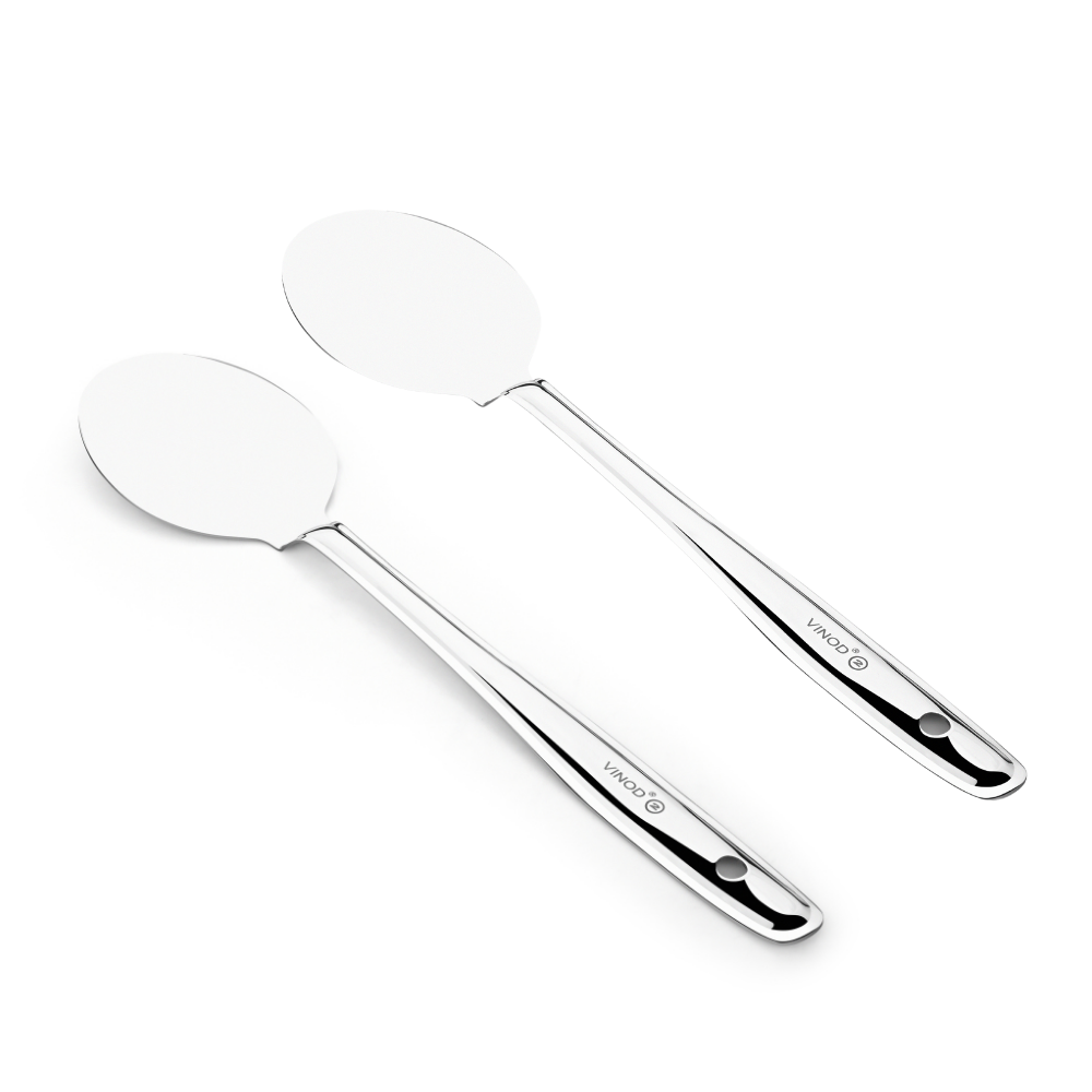 विनोद स्टेनलेस स्टील पराठा पलटा 34 सेमी कुकिंग टर्नर चपाती, डोसा, उत्तपम, रोटी और पराठा के लिए फ्लैट प्लेन कुकिंग चम्मच स्टील स्पैटुला I आवश्यक रसोई उपकरण I 2 का सेट I नंबर 2
