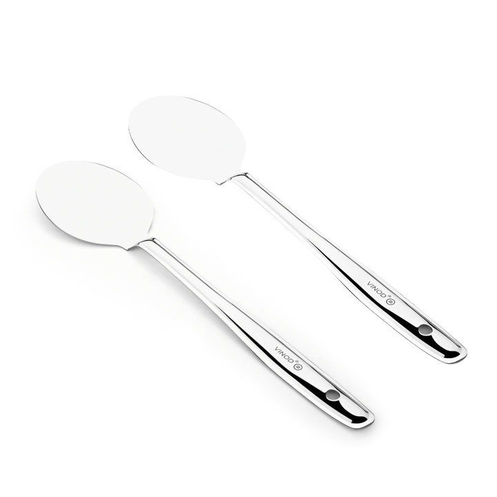 विनोद स्टेनलेस स्टील पराठा पलटा 34 सेमी कुकिंग टर्नर चपाती, डोसा, उत्तपम, रोटी और पराठा के लिए फ्लैट प्लेन कुकिंग चम्मच स्टील स्पैटुला I आवश्यक रसोई उपकरण I 2 का सेट I नंबर 2