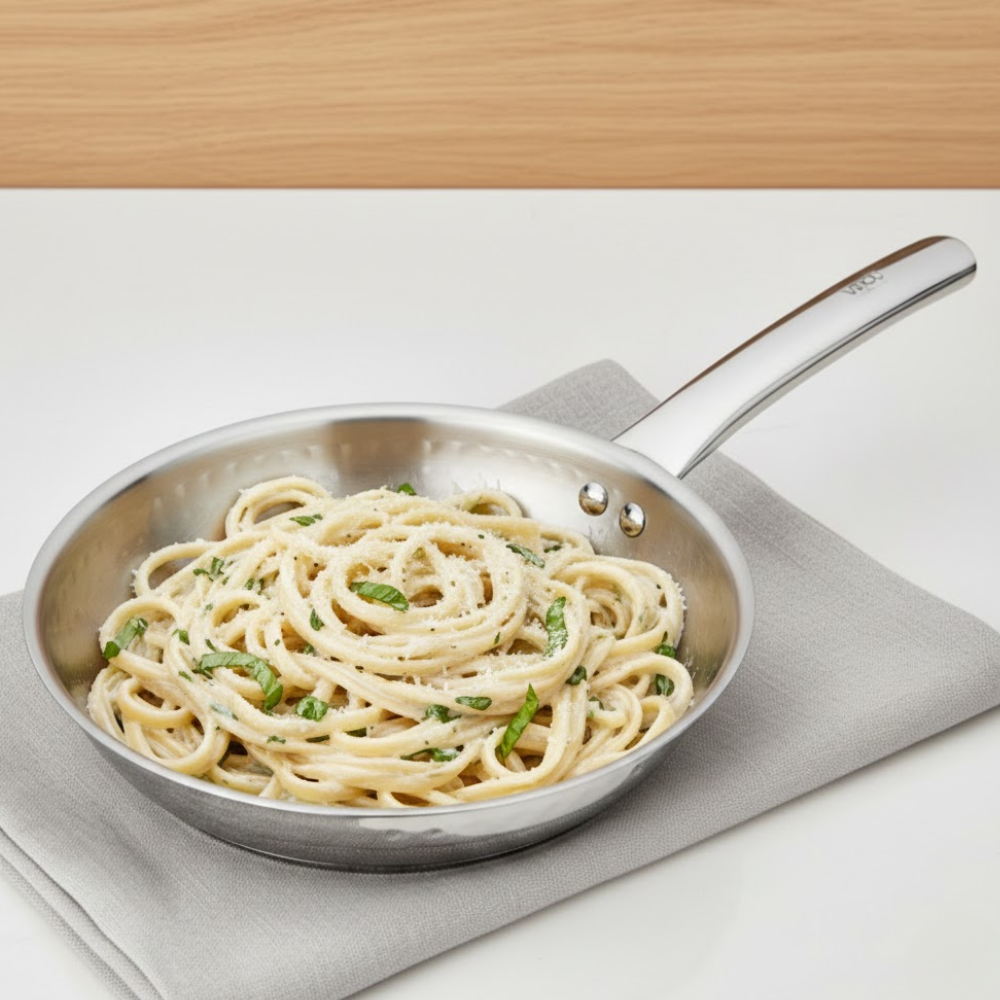 Vinod Claro heavy gauge hammered stainless steel fry pan, 1.5 mm, 1000 ml, front view