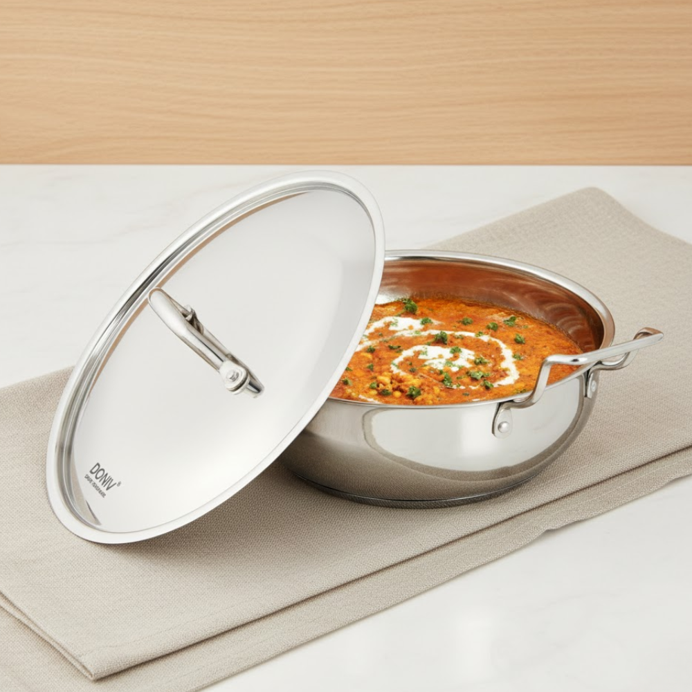 विनोद - डोनिव स्टेनलेस स्टील सैंडविच मैजेस्टिक बॉटम कढ़ाई स्टील ढक्कन के साथ (3.2 लीटर/24 सेमी) - इंडक्शन फ्रेंडली