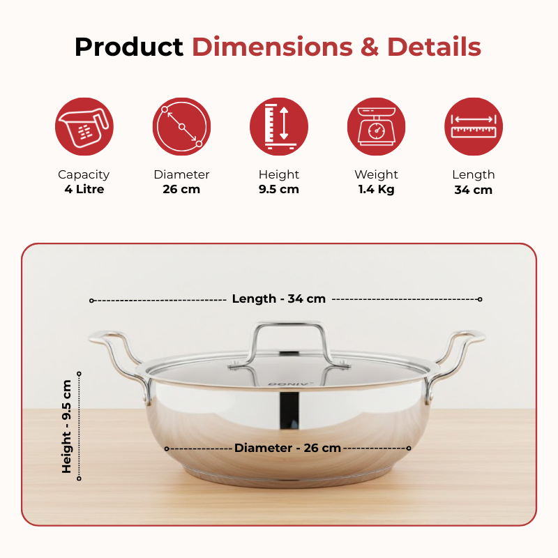 Vinod Doniv Majestic sandwich bottom stainless steel kadai with lid, 26 cm, 4 litre, product view 9