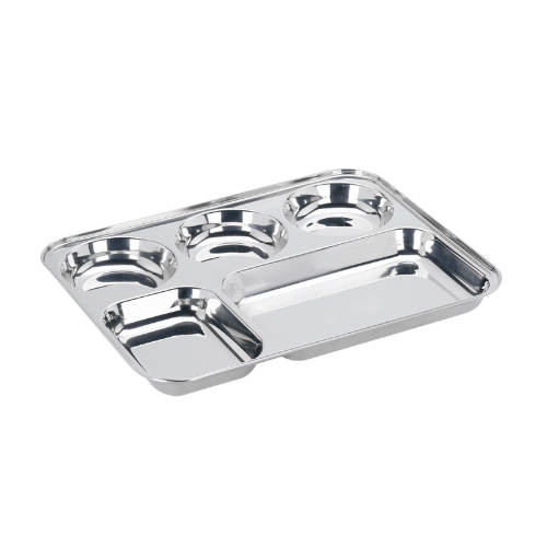 Vinod Stainless Steel Mess Tray With 5 Compartment/ Rectangle Steel Thali / Lunch & Dinner Plate/ Bhojan Thali – 2Pcs