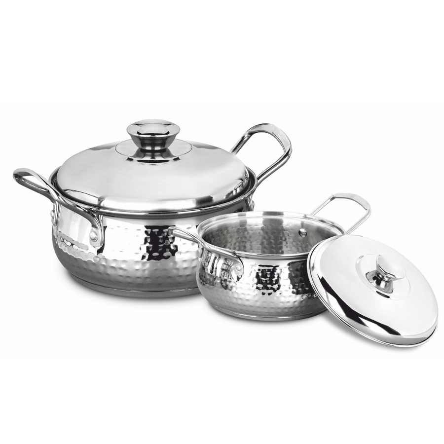 Vinod Stainless Steel Milano Hammered Serving Casserole With Steel Lid & Side Handle - Set of 2 Pcs, 1230 ml & 1630 ml, 16 cm & 18 cm