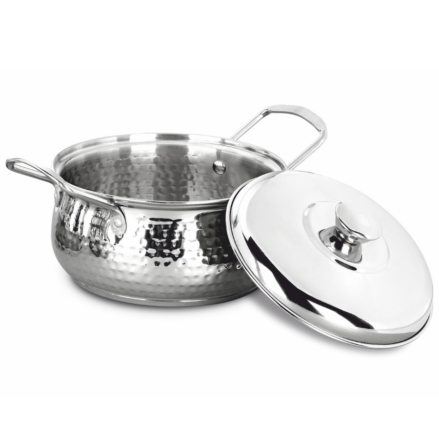 Vinod Stainless Steel Milano Hammered Hot Casserole With Steel Lid & Side Handle 1230 ml, 16cm