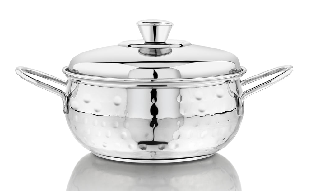 Vinod hammered stainless steel 51 piece dinner set, heavy gauge and dishwasher safe, Milano casserole 18 cm