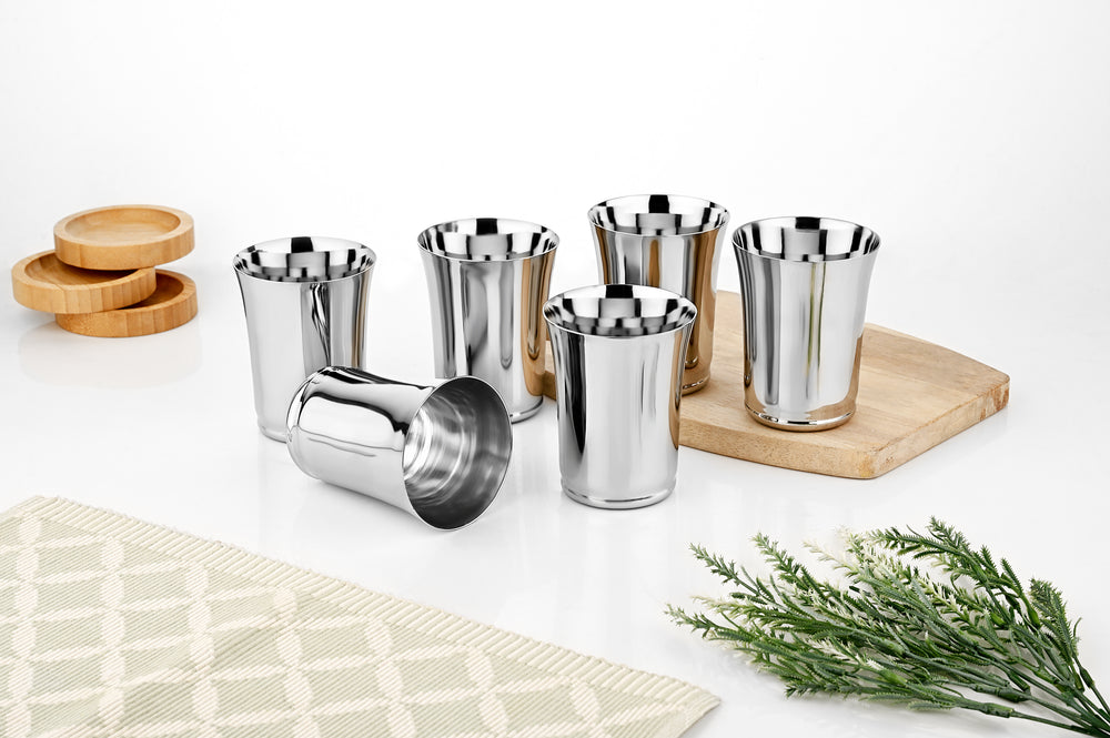 Vinod Alto stainless steel glass set of 6, 400 ml, mirror finish, styled lifestyle shot