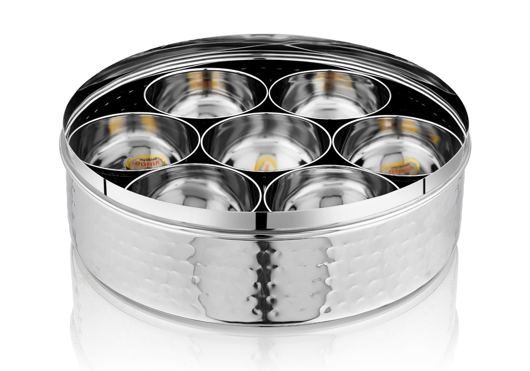 Vinod Stainless Steel Hammered Masala Dabba Spice Box, Containers with Spoon Steel Lid Inch,