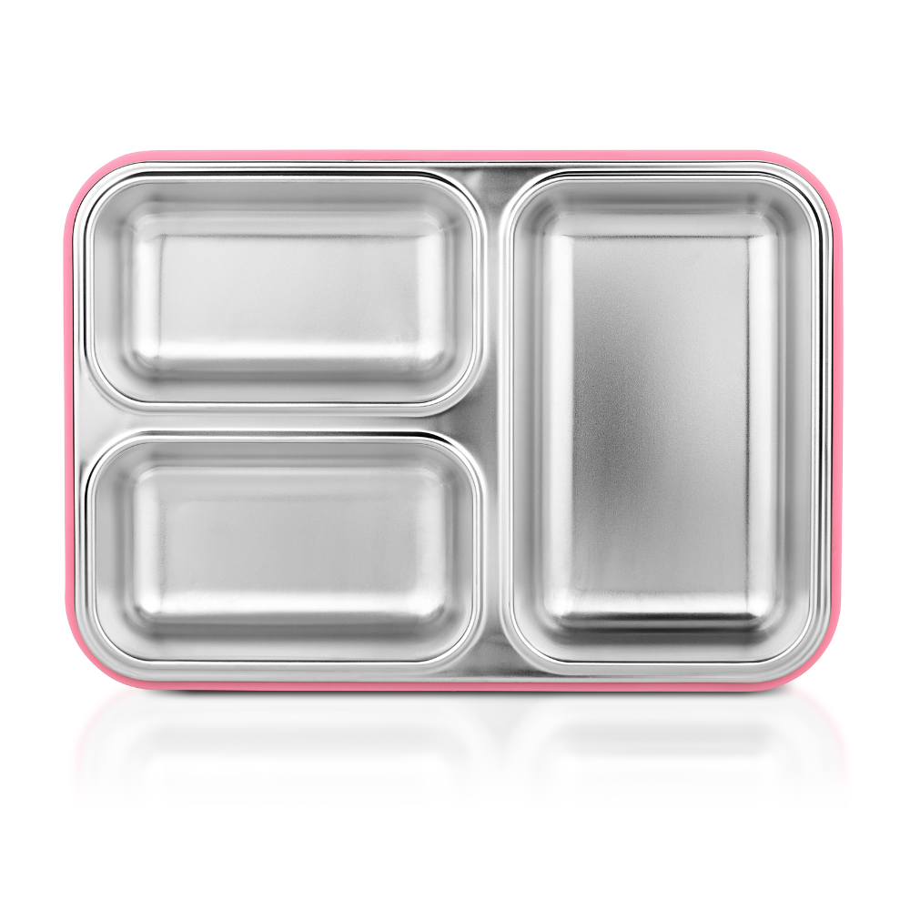 Vinod Stainless Steel 3 Compartment Leak-Proof Lunch Box Vacuum Sealed Tiffin Box for Office, Kids & Adults Freezer Safe Bento Box Airtight Container, Insulated with Safety Lock, Pink