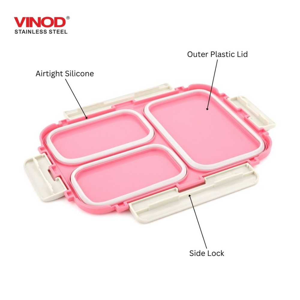 Vinod Stainless Steel 3 Compartment Leak-Proof Lunch Box Vacuum Sealed Tiffin Box for Office, Kids & Adults Freezer Safe Bento Box Airtight Container, Insulated with Safety Lock, Pink