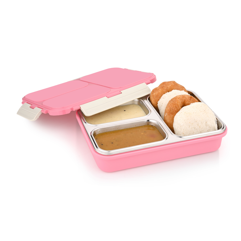 Vinod Stainless Steel 3 Compartment Leak-Proof Lunch Box Vacuum Sealed Tiffin Box for Office, Kids & Adults Freezer Safe Bento Box Airtight Container, Insulated with Safety Lock, Pink