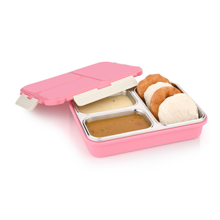 Vinod Stainless Steel 3 Compartment Leak-Proof Lunch Box Vacuum Sealed Tiffin Box for Office, Kids & Adults Freezer Safe Bento Box Airtight Container, Insulated with Safety Lock, Pink