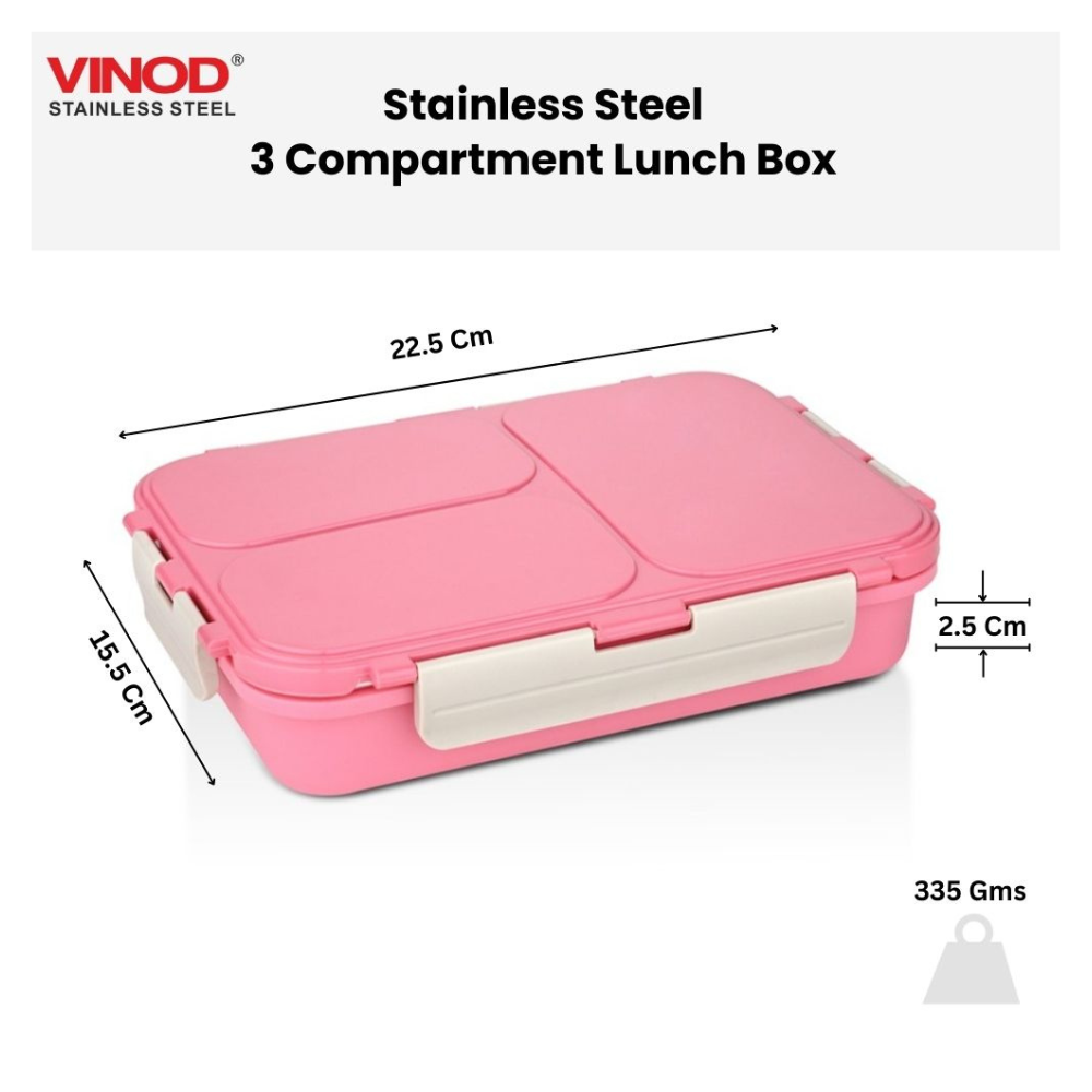Vinod Stainless Steel 3 Compartment Leak-Proof Lunch Box Vacuum Sealed Tiffin Box for Office, Kids & Adults Freezer Safe Bento Box Airtight Container, Insulated with Safety Lock, Pink