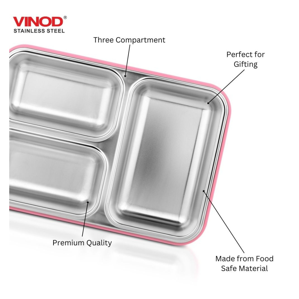 Vinod Stainless Steel 3 Compartment Leak-Proof Lunch Box Vacuum Sealed Tiffin Box for Office, Kids & Adults Freezer Safe Bento Box Airtight Container, Insulated with Safety Lock, Pink