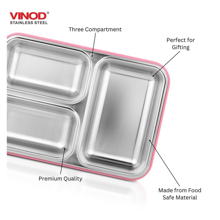 Vinod Stainless Steel 3 Compartment Leak-Proof Lunch Box Vacuum Sealed Tiffin Box for Office, Kids & Adults Freezer Safe Bento Box Airtight Container, Insulated with Safety Lock, Pink