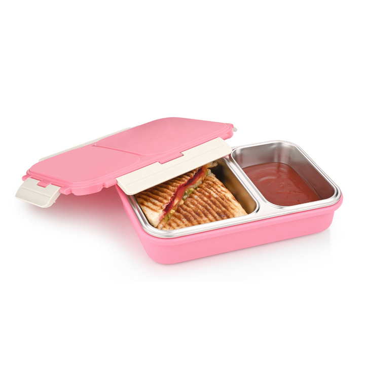 Vinod Stainless Steel 2 Compartment Leak-Proof Lunch Box Vacuum Sealed Tiffin Box for Office, Kids & Adults Freezer Safe Bento Box Airtight Container, Insulated with Safety Lock, Pink
