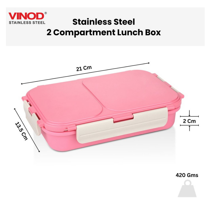 Vinod Stainless Steel 2 Compartment Leak-Proof Lunch Box Vacuum Sealed Tiffin Box for Office, Kids & Adults Freezer Safe Bento Box Airtight Container, Insulated with Safety Lock, Pink