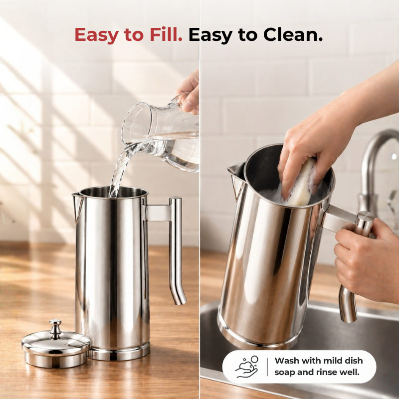VINOD Pyramid Plain Stainless Steel Water Jug 1750 ml with Lid – Premium Serving Jug for Dining Table & Home