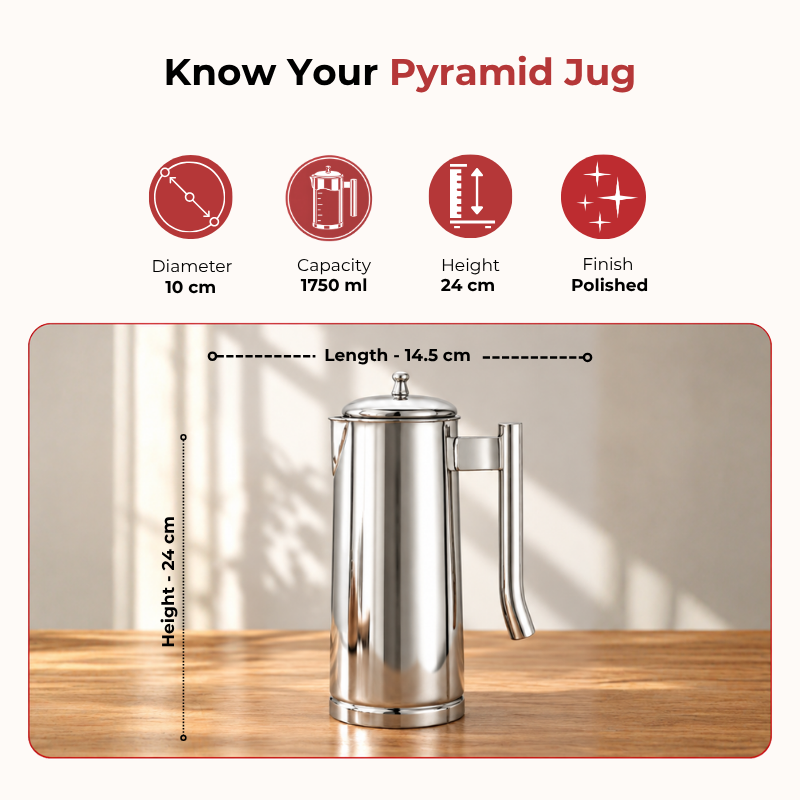 VINOD Pyramid Plain Stainless Steel Water Jug 1750 ml with Lid – Premium Serving Jug for Dining Table & Home