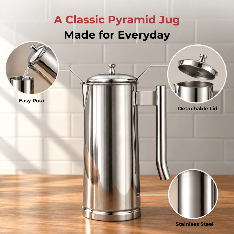 VINOD Pyramid Plain Stainless Steel Water Jug 1750 ml with Lid – Premium Serving Jug for Dining Table & Home