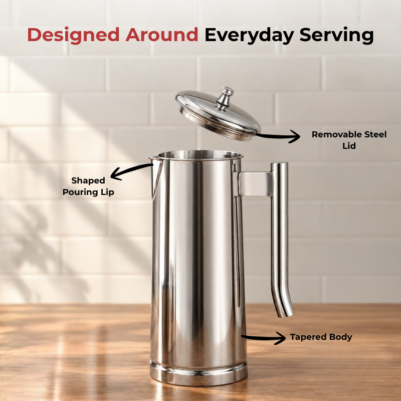 VINOD Pyramid Plain Stainless Steel Water Jug 1750 ml with Lid – Premium Serving Jug for Dining Table & Home